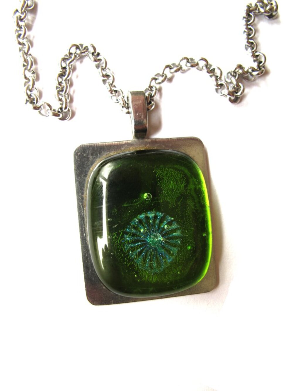 Necklace Emerald Green tones glass  8" long chain fused glass jewelry